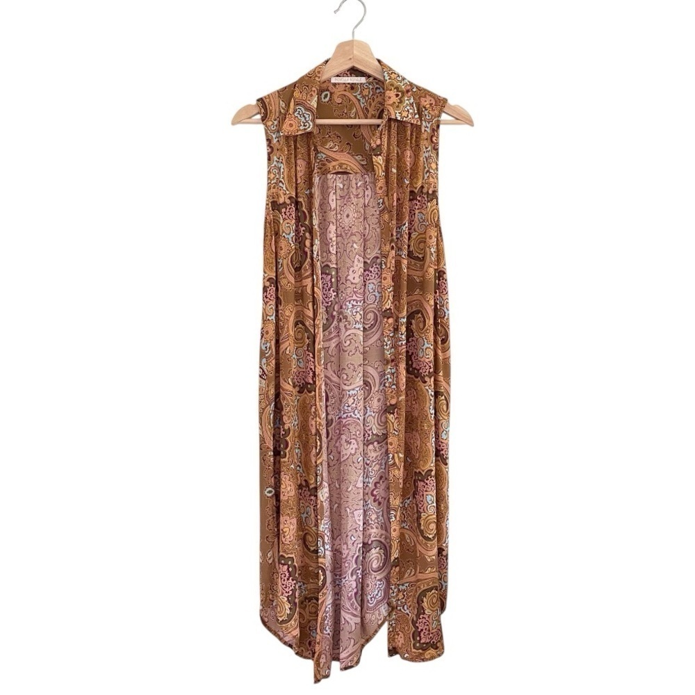 Novella Royale Shirt Duster Sleeveless Open Front Midi Top Rust Moroccan Sun S/M